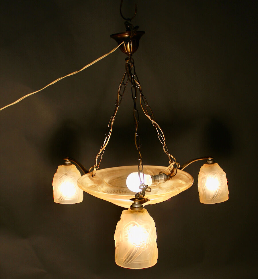 Art deco glass chandelier with Noverdy bird décor