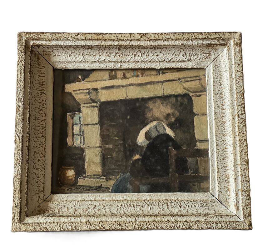 Claude HOUAL Watercolour No. 53 titled "Breton Interior" circa 1950