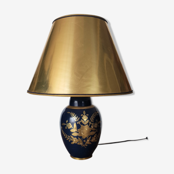 Lampe en laiton bleu et or avec abat-jour doré brillant