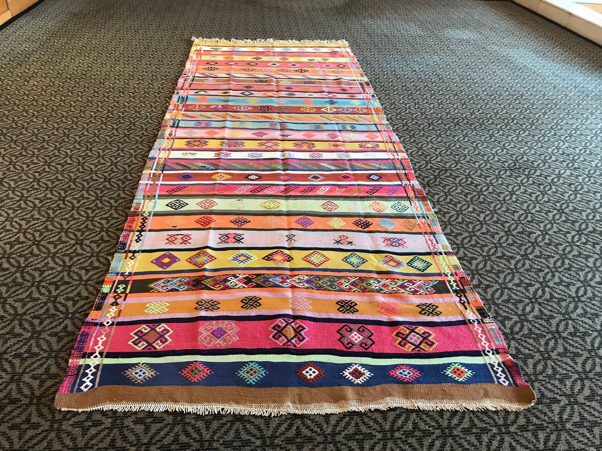 Colorful runner rug, handmade turkish kilim rug with ethnic patterns