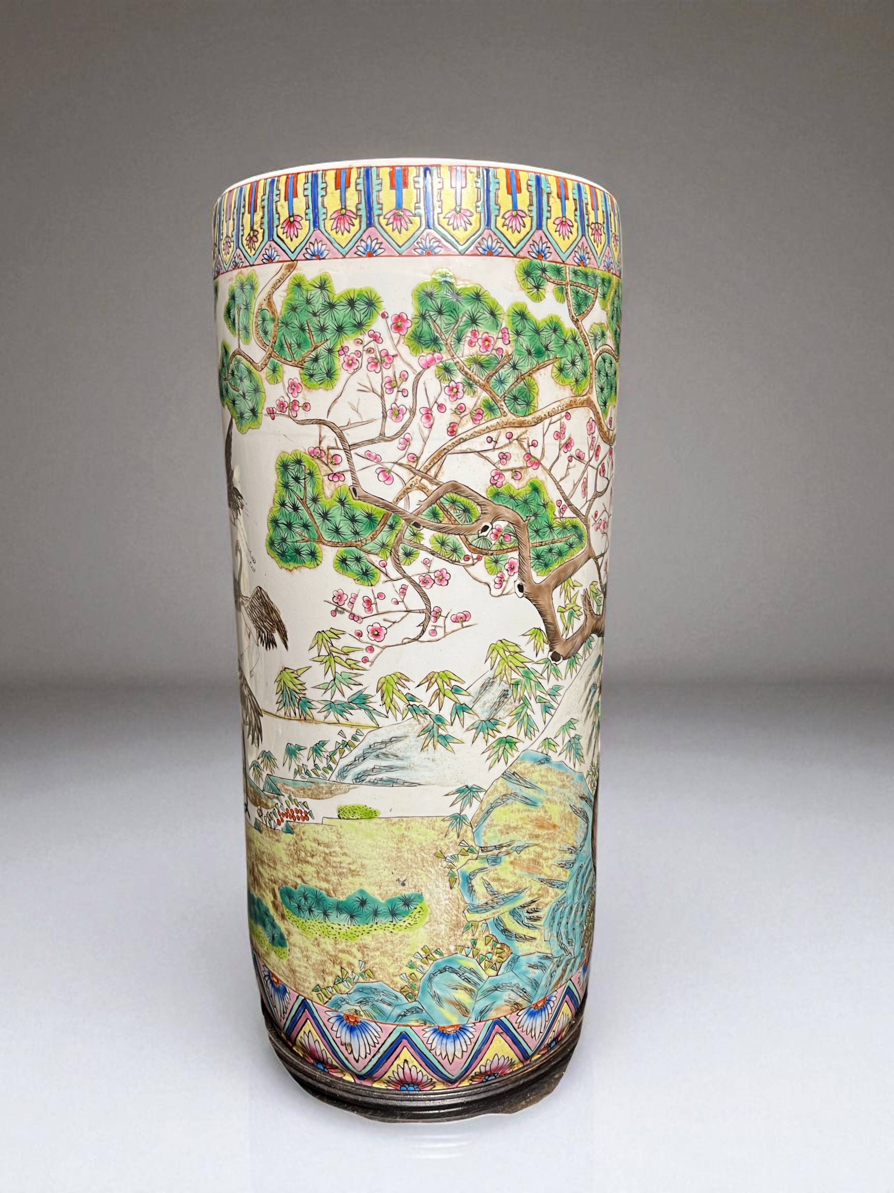 China, Important porcelain scroll vase decorated with cranes and flora, 19th century