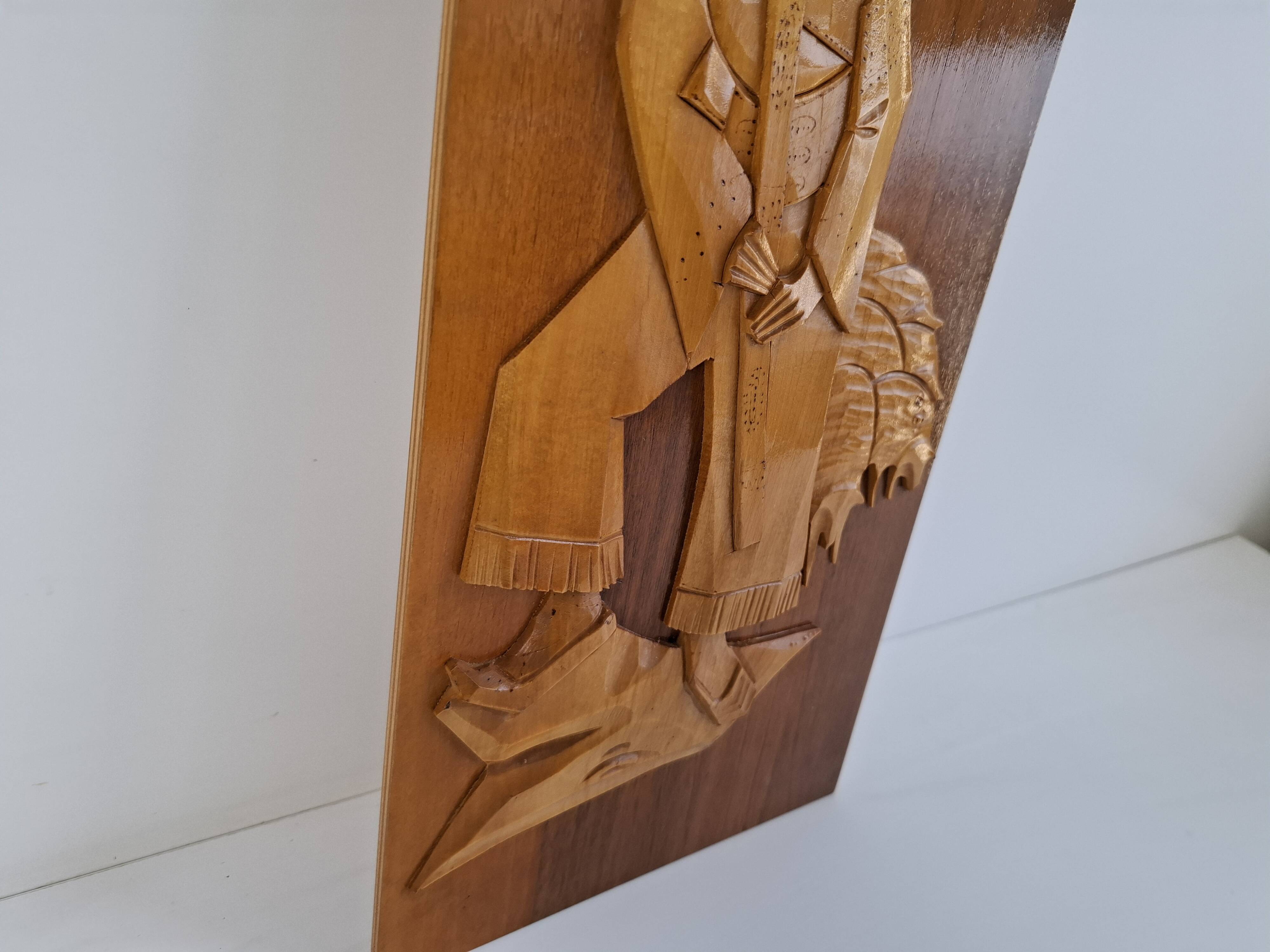 Mid-century Czech hand-carved wooden shepherd wall relief, 1960.