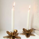 Two brass flower candlesticks