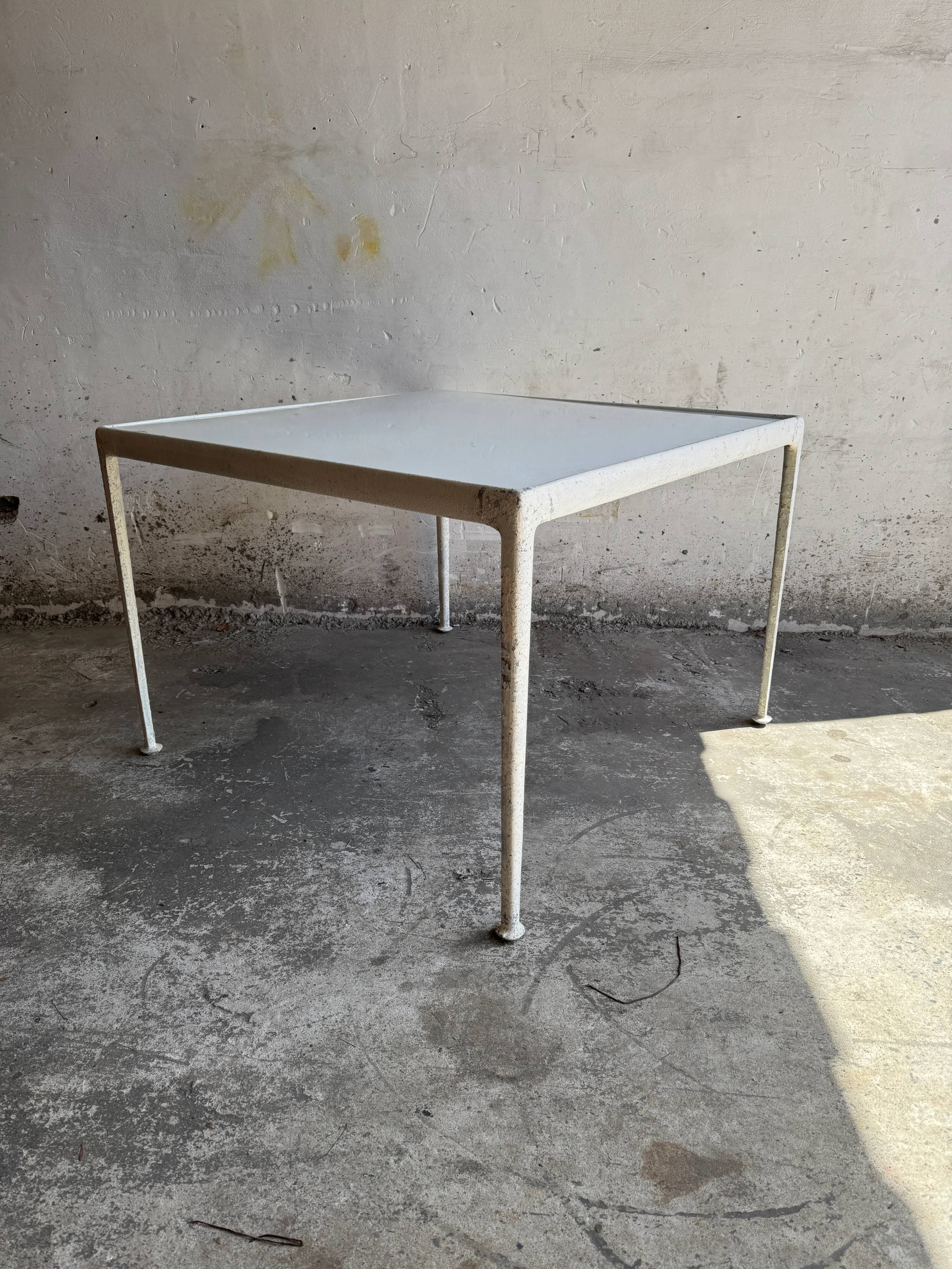 White Enameled Steel Top & Cast-Aluminum Knoll Outdoor Table — 1960s Modernist First Edition