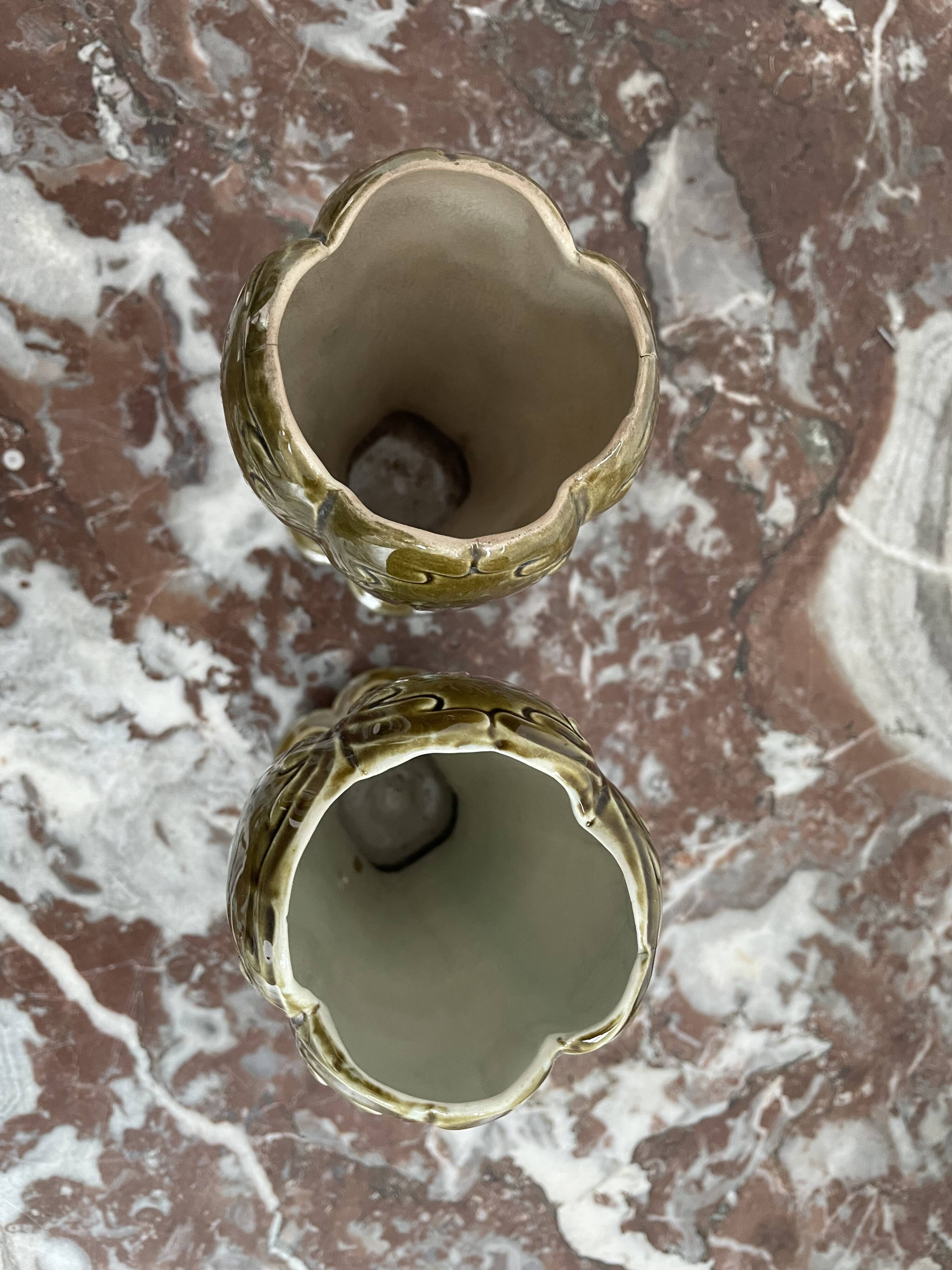 Barbotine vases, pair, Art Nouveau, DE BRUYN earthenware, signed, numbered