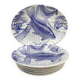 Assiettes et plat , service poisson décor bleu cobalt