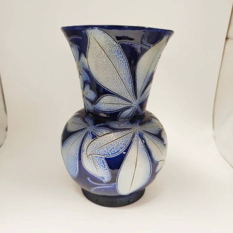 Vintage handmade blue floral decorated stoneware vase from Alsace Betschdorf.