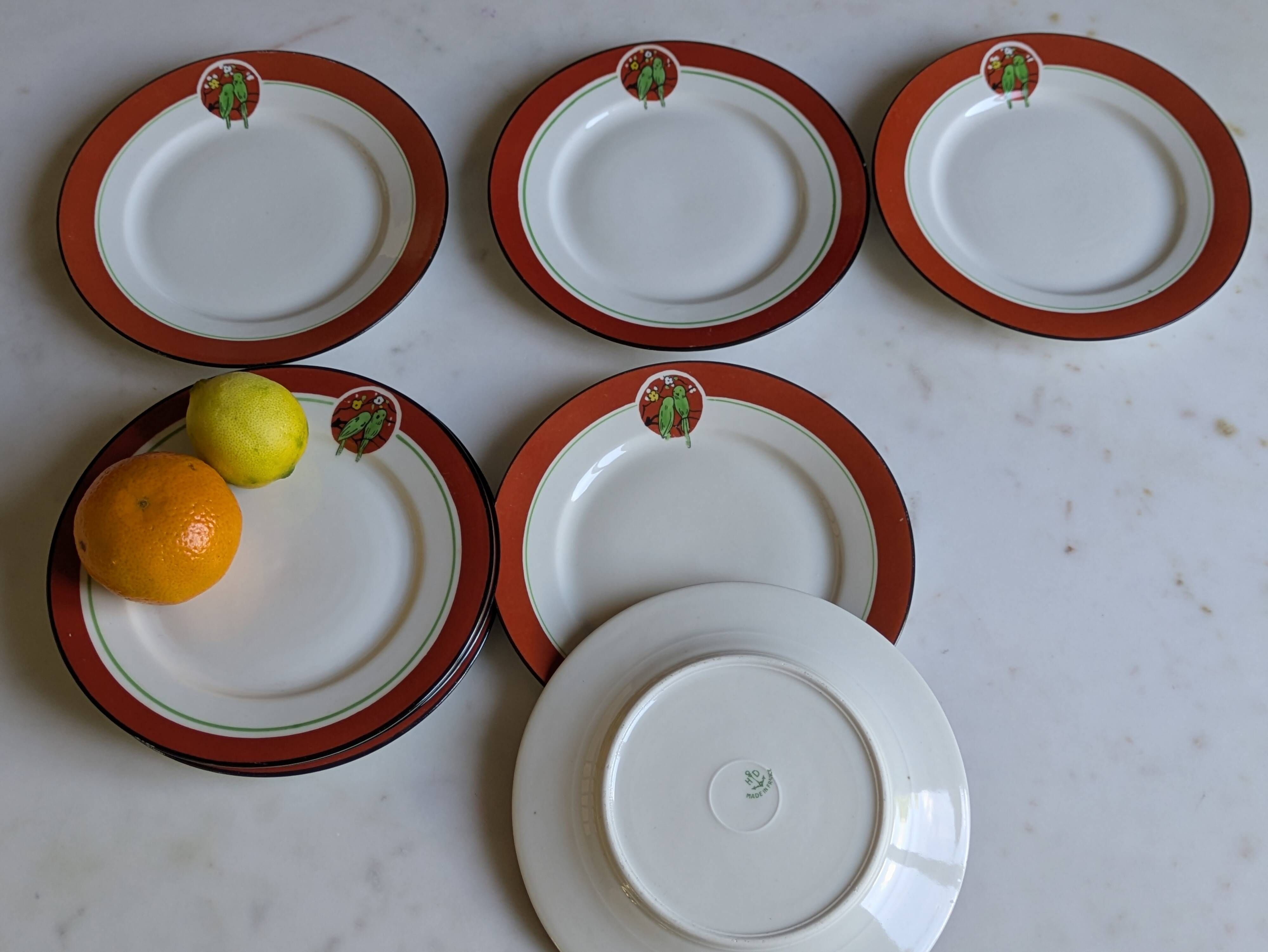 Art Deco dessert plates Henri Delcourt / Boulogne sur Mer / parakeet