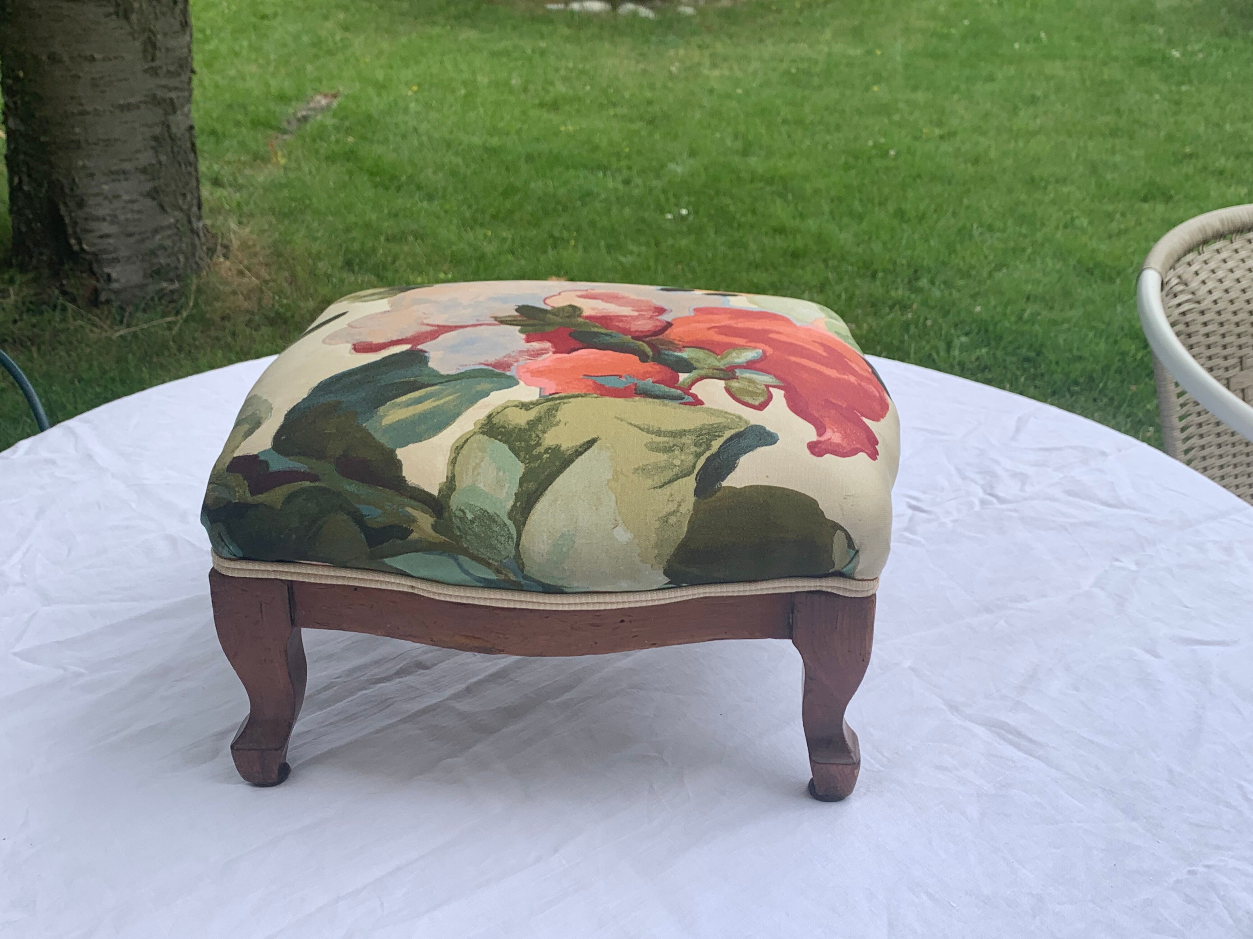 Footrest, wooden and antique floral fabrics