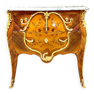 Chest of drawers in flower marquetry and gilded bronze, Louis XV style