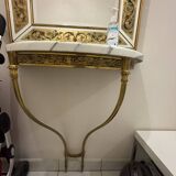 Console en bronze dorée avec plateau en marbre blanc veinée gris