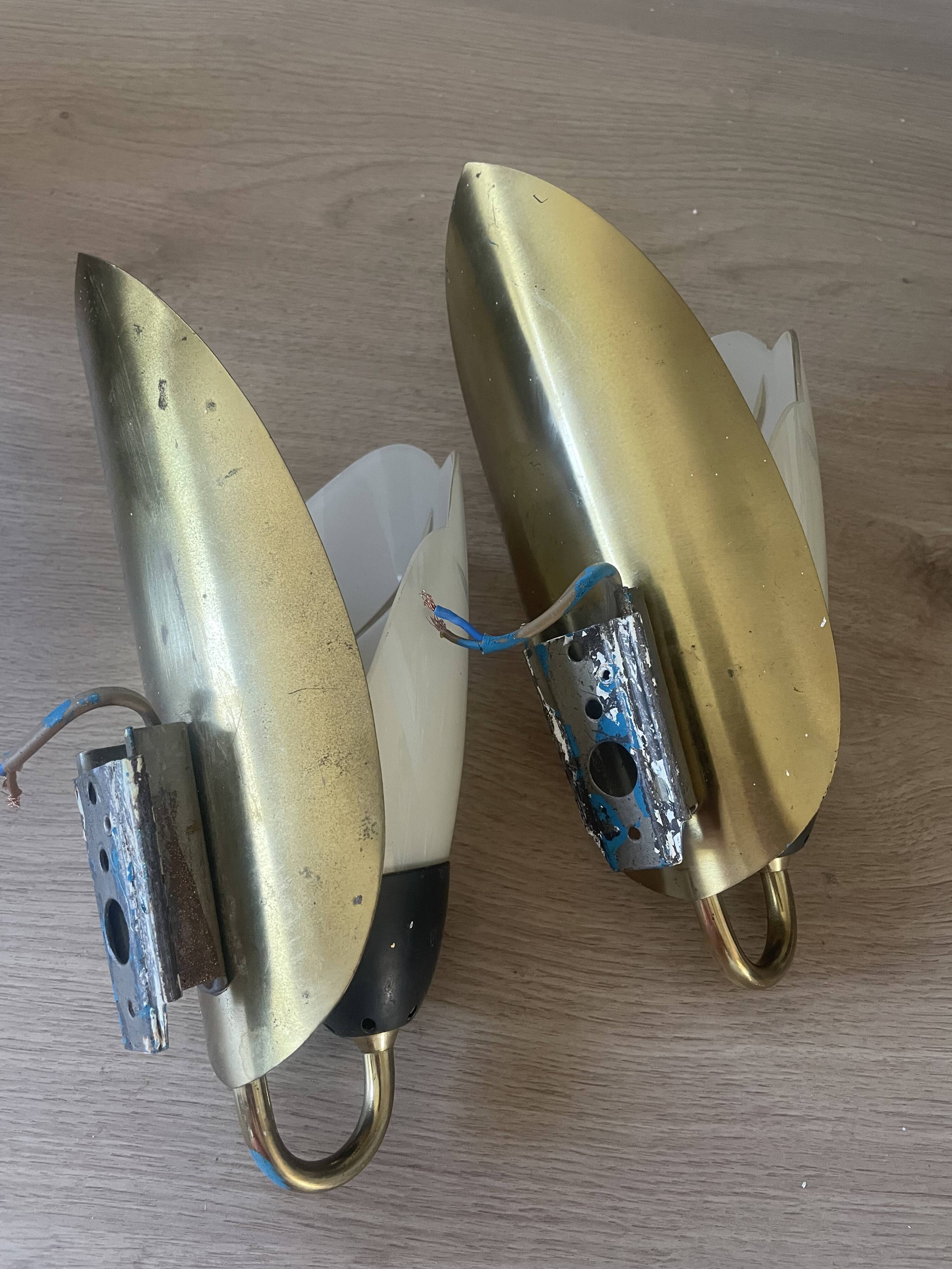 Pair of vintage wall sconces, opaline glass and brass circa 1950.