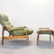Vintage Scandinavian seventies G-møbel green leather lounge chair with ottoman
