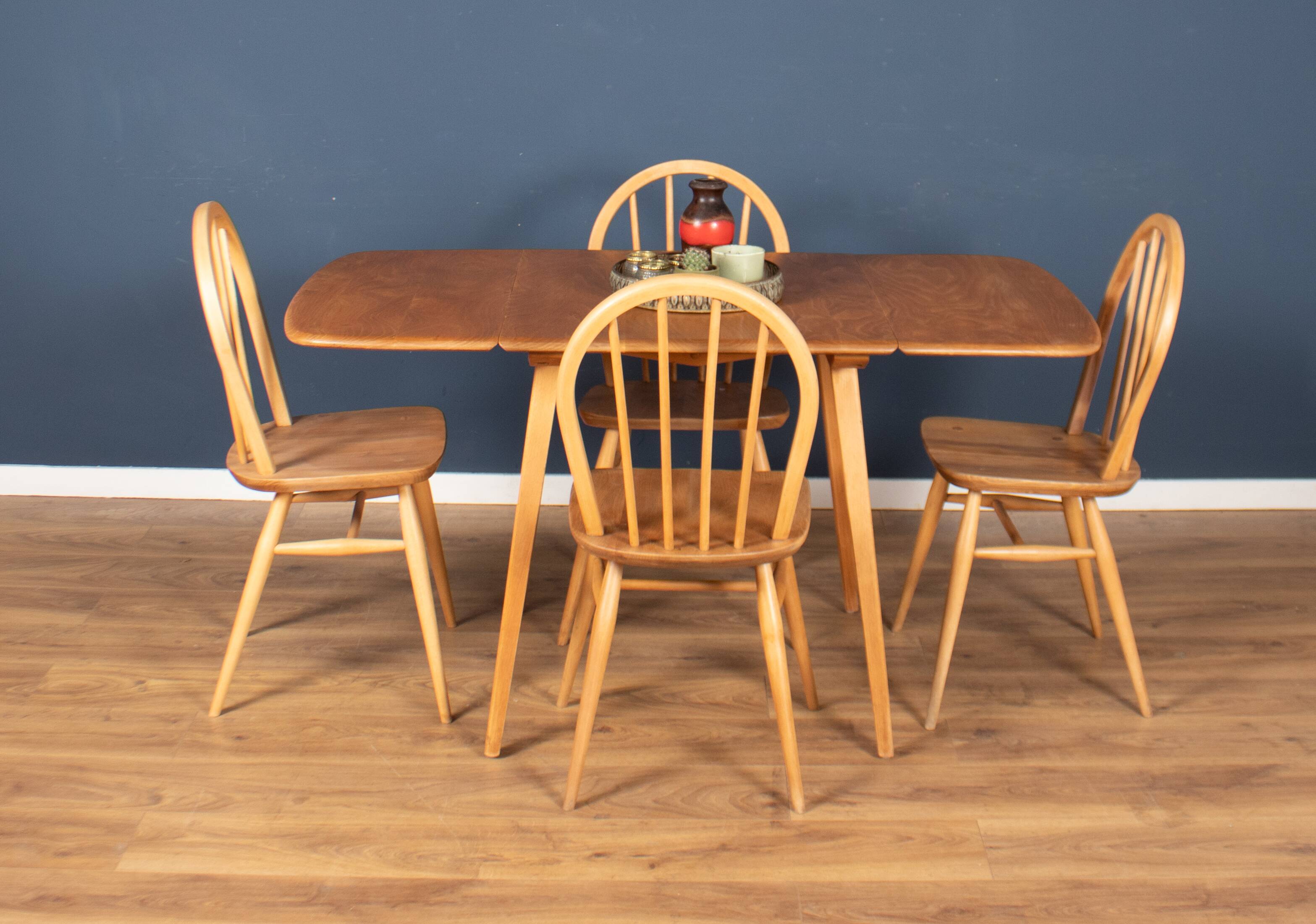 Retro Blonde Ercol Model 383 Dining Table & Four Model 370 Windsor Kitchen Dining Chairs