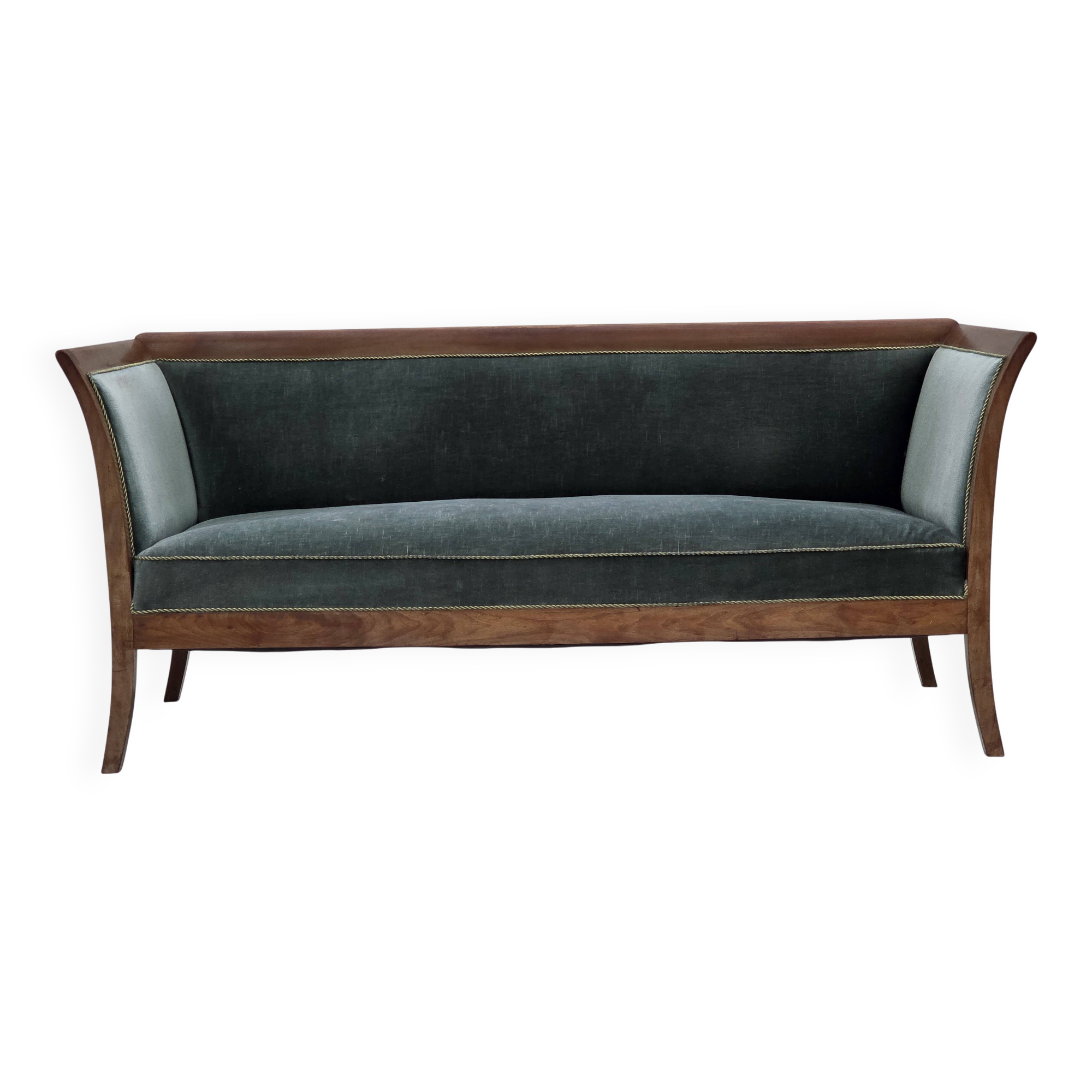 1950s, Danish 3-seater sofa, green/blue furniture velour, ash wood.