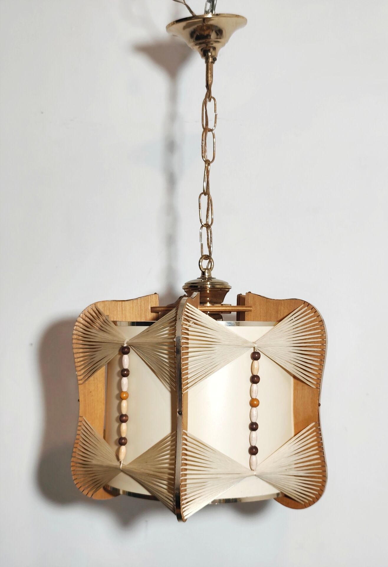 Raffia and wood ceiling lamp. Spain, 1970s.