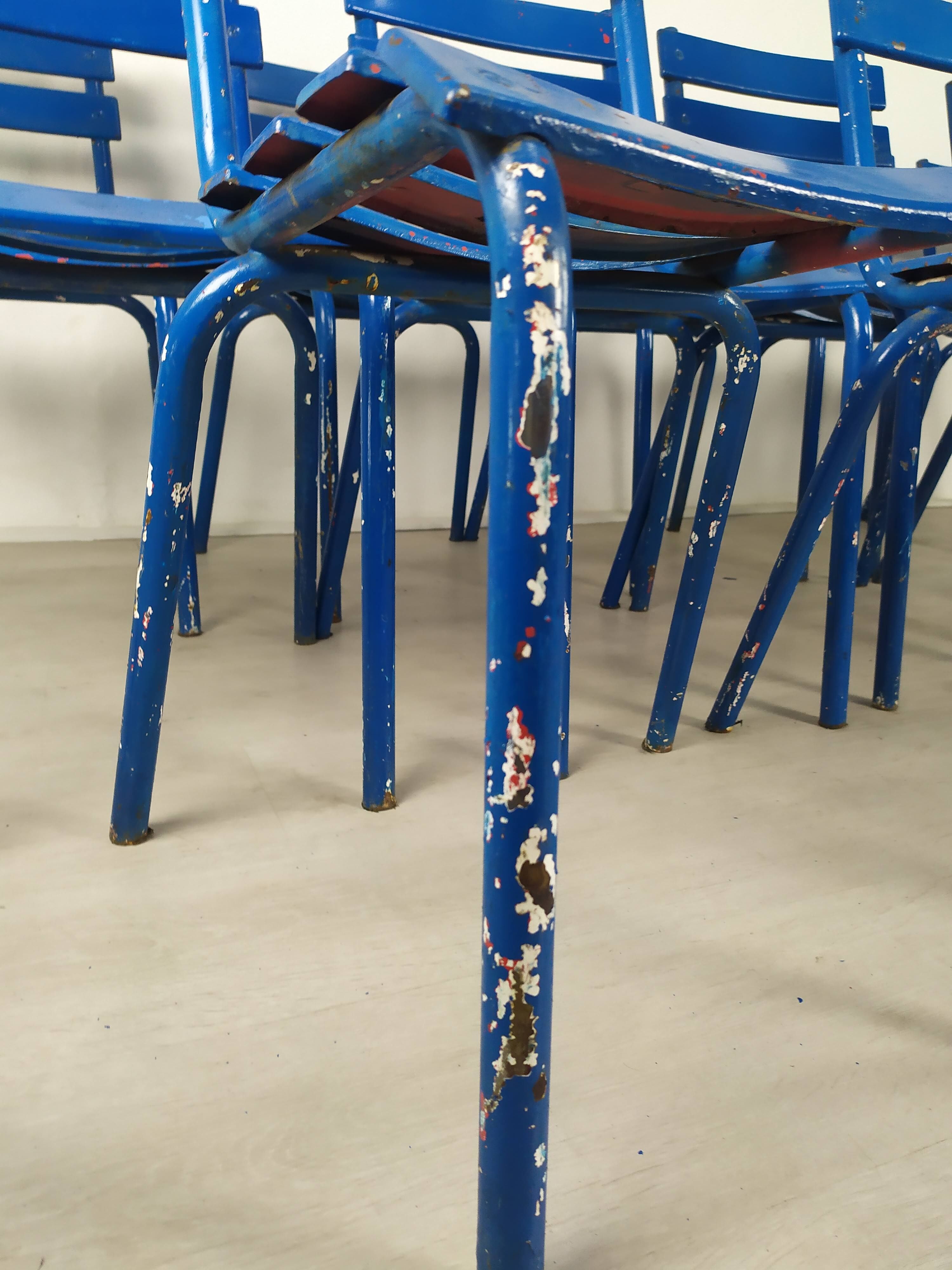 14 blue metal bistro chairs