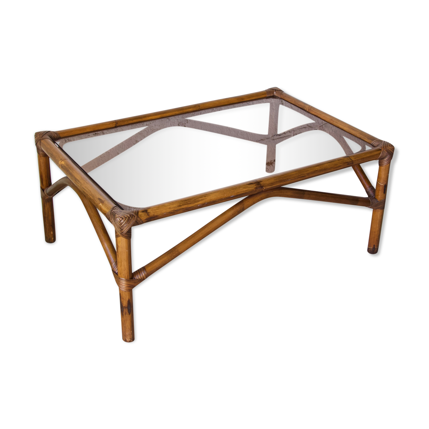 Rattan coffee table and vintage smoked glass top