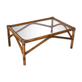 Rattan coffee table and vintage smoked glass top
