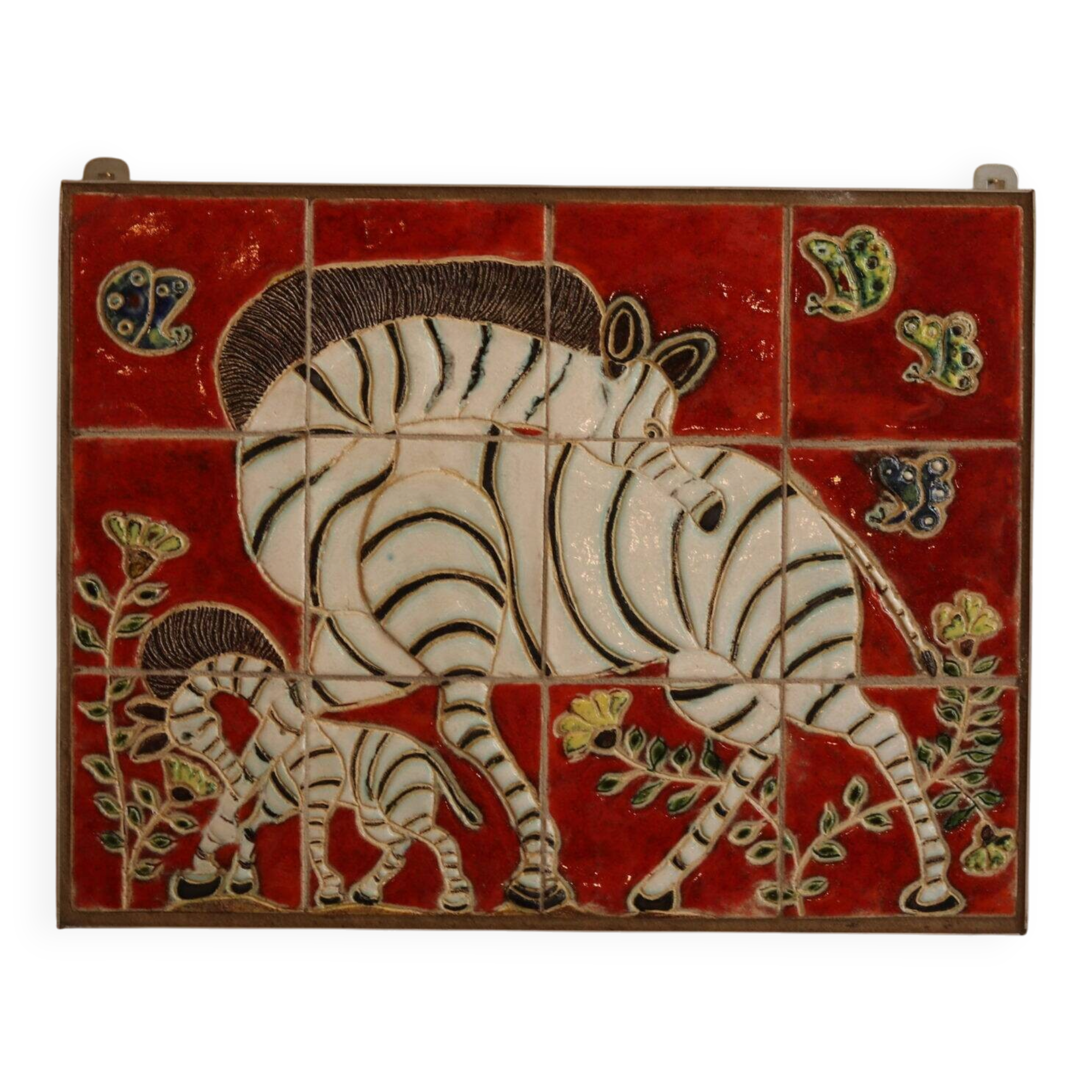 Wall panel "The Zebras" in ceramic signed by Jeanine Weymeers, circa 1970.