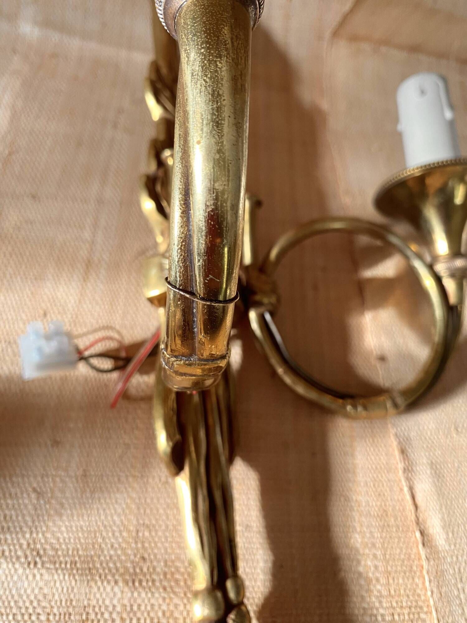 "50s hunting horn wall light, clip-on lampshades"