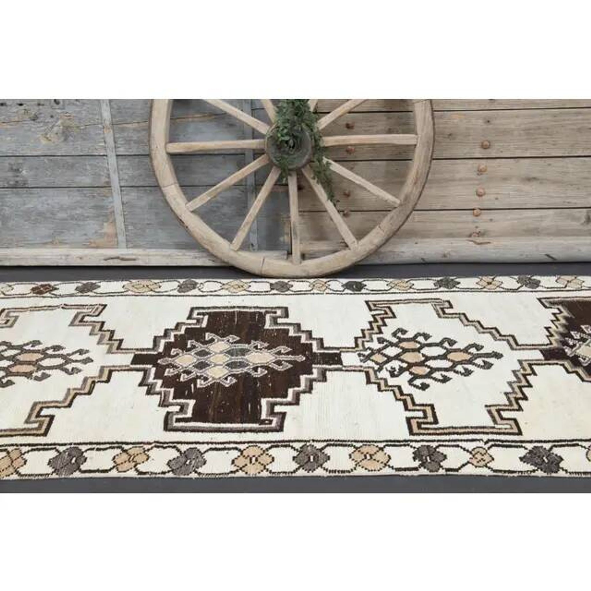 1970s Vintage Turkish Hand-Knotted Wool Cotton White Runner Rug  115x342
