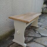 2 re-enchanted benches in beige with a waxed finish, medium oak waxed seat.