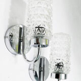 Pair of 1970 chrome metal wall light and molded glass globes.