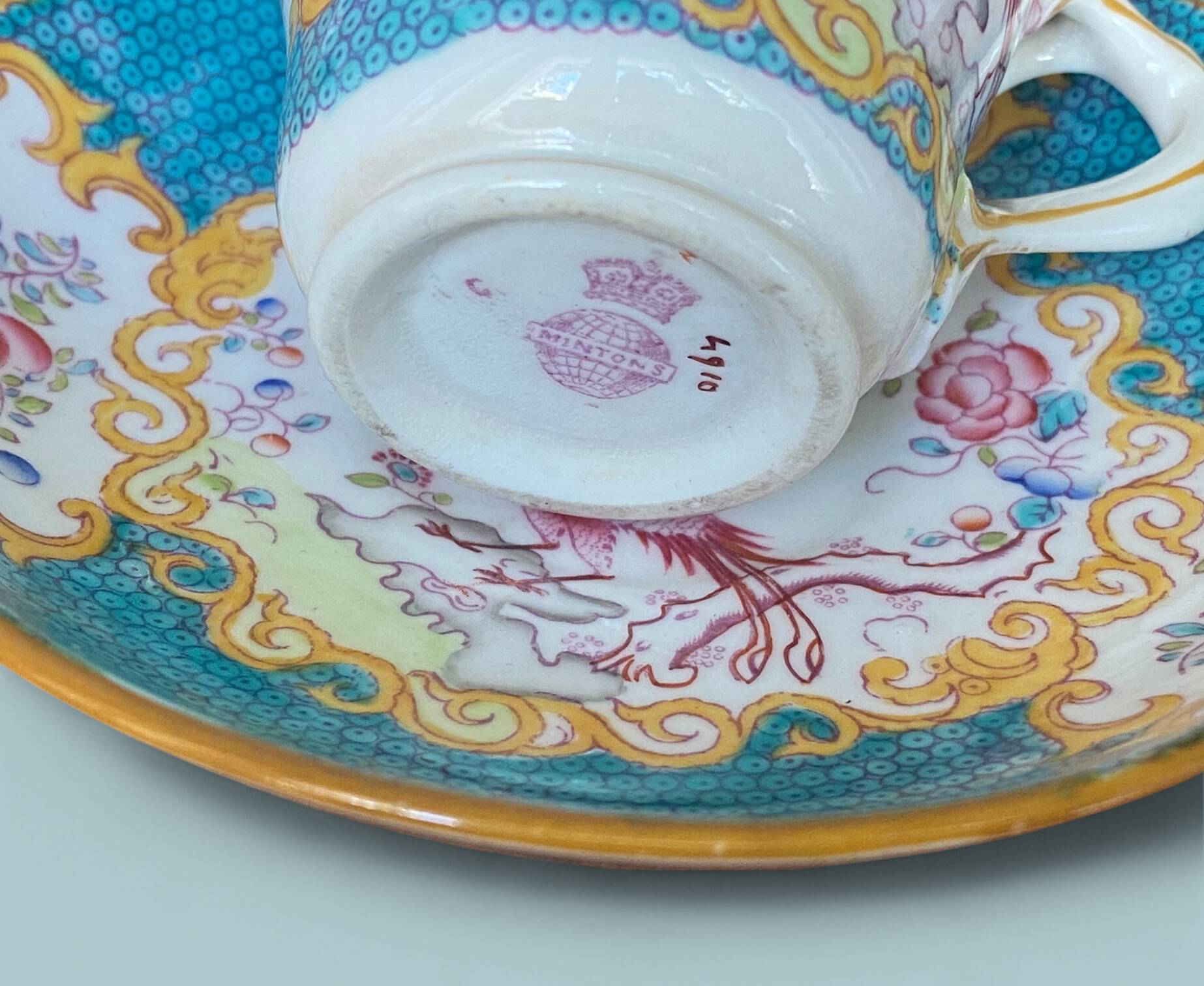English porcelain coffee cup and saucer Minton 4910 blue bird design