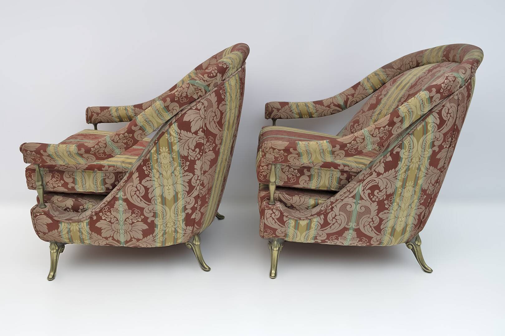 Pair Art Dèco Style French Brass And Fabric Armchairs, 1950s