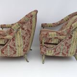 Pair Art Dèco Style French Brass And Fabric Armchairs, 1950s