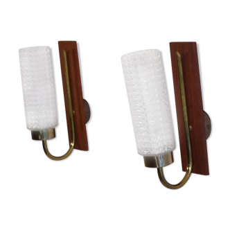 Pair of Scandinavian vintage teak and glass appliques