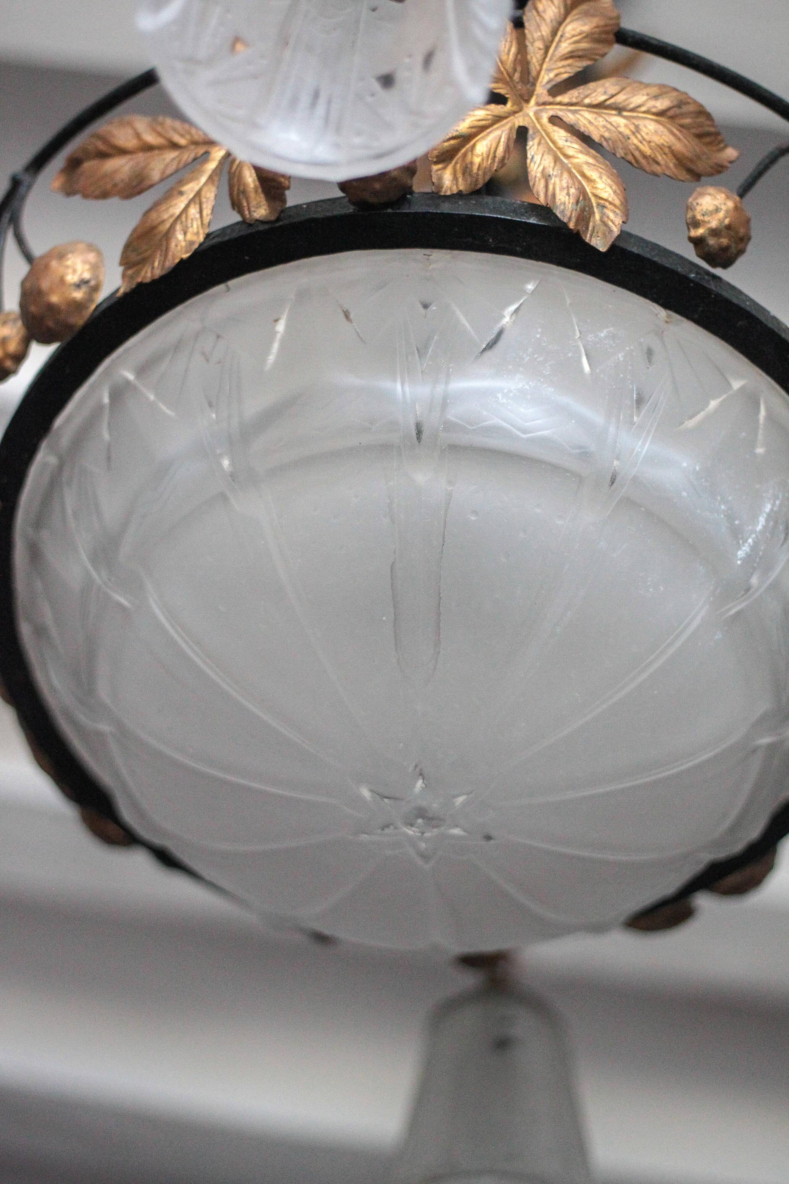 Art Deco wrought iron and glass chandelier Muller Frères Luneville, Art Nouveau