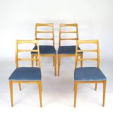 Set of four blue velvet Scandinavian chairs.