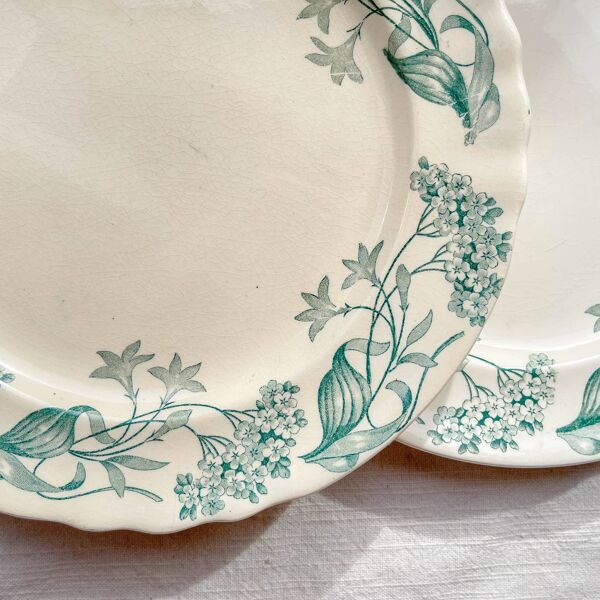 Lot de 6 Assiettes Plates Anciennes Terre de Fer ''Lilas'' Longchamp XIXe
