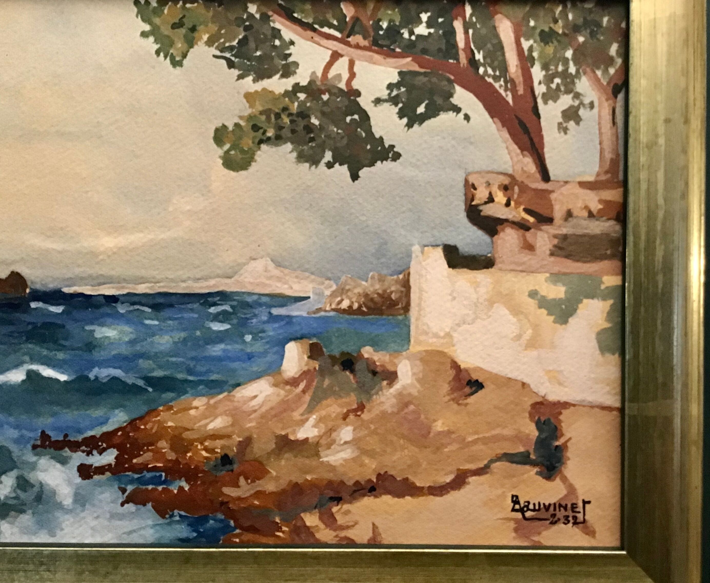 Ancient painting, seaside landscape signed and dated 1932