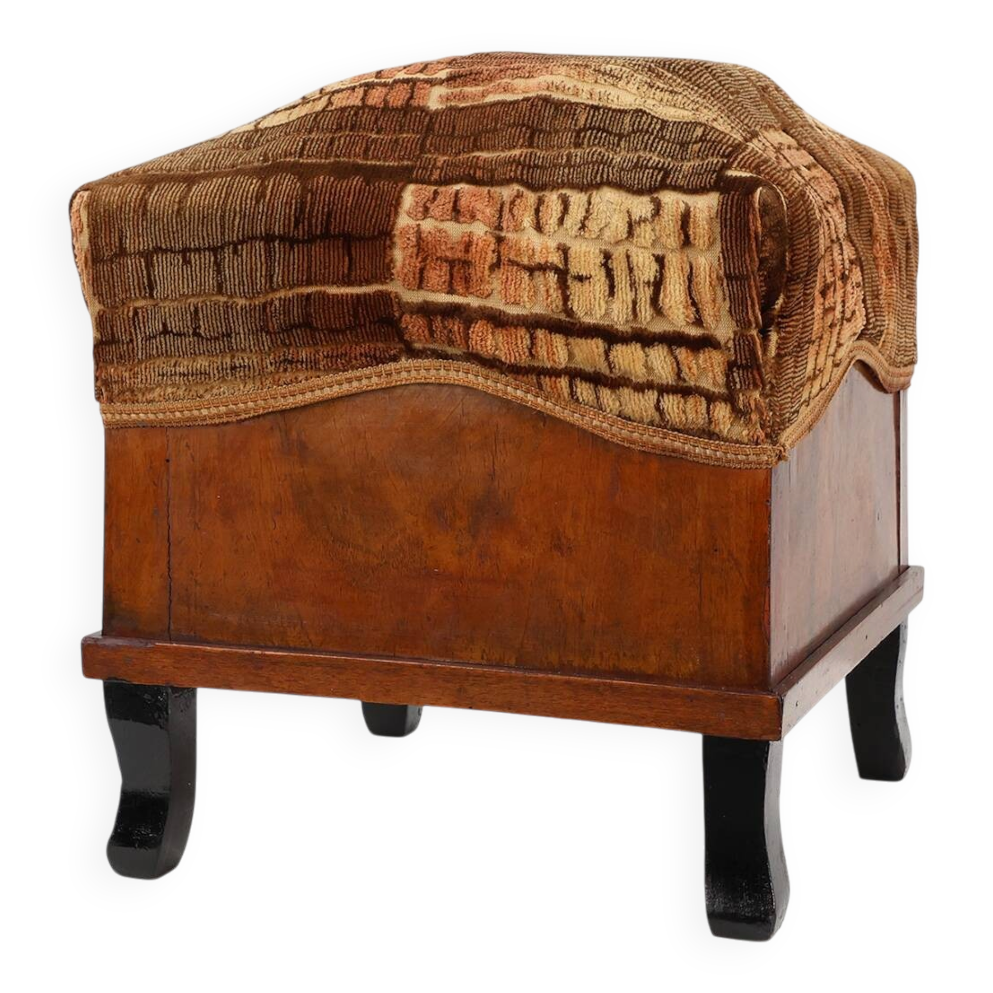 Art Deco walnut stool with original velvet upholstery, Italy 1920s