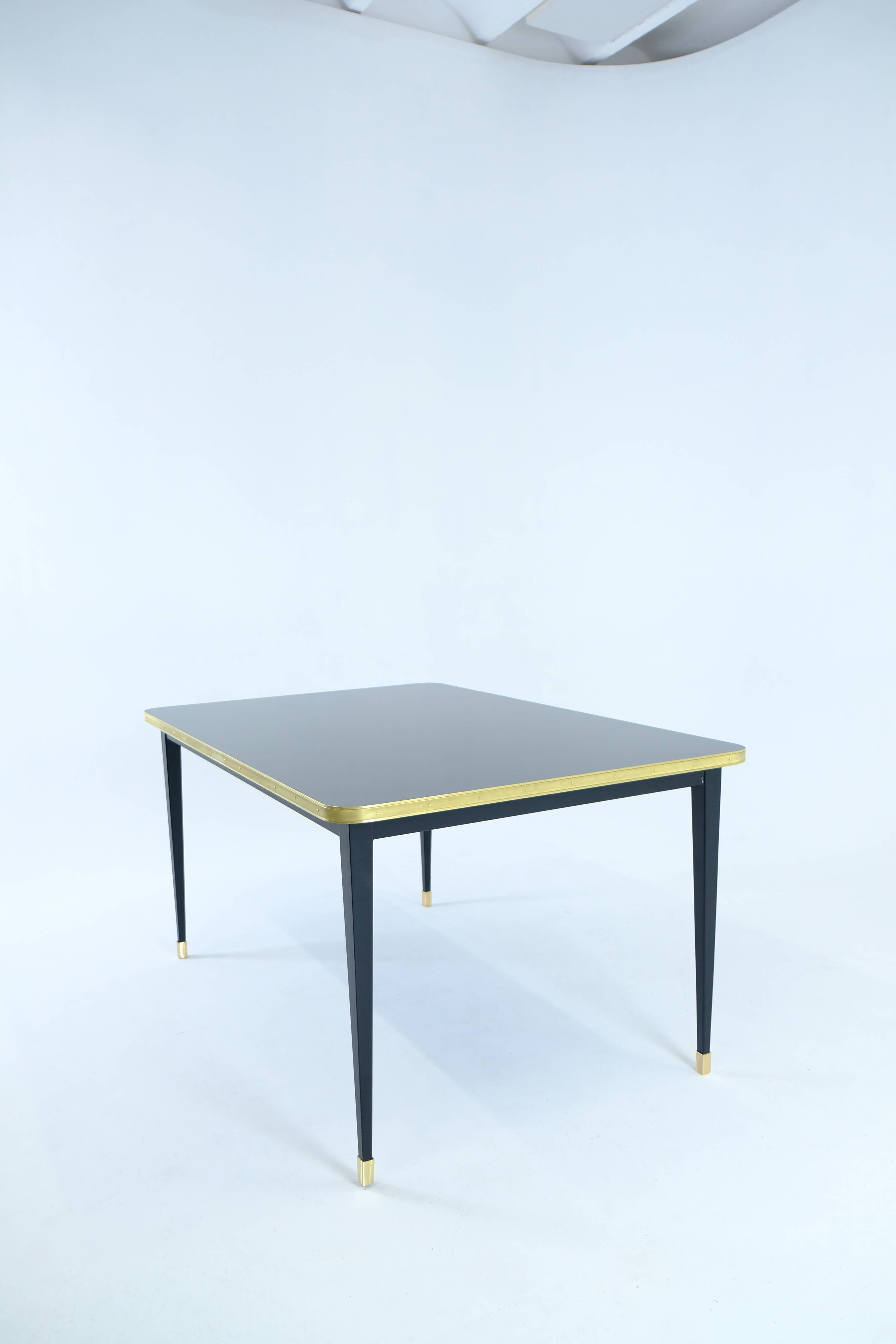 Dining Table, High Gloss Laminate, Brass, Tapered Legs, Navy Blue - L