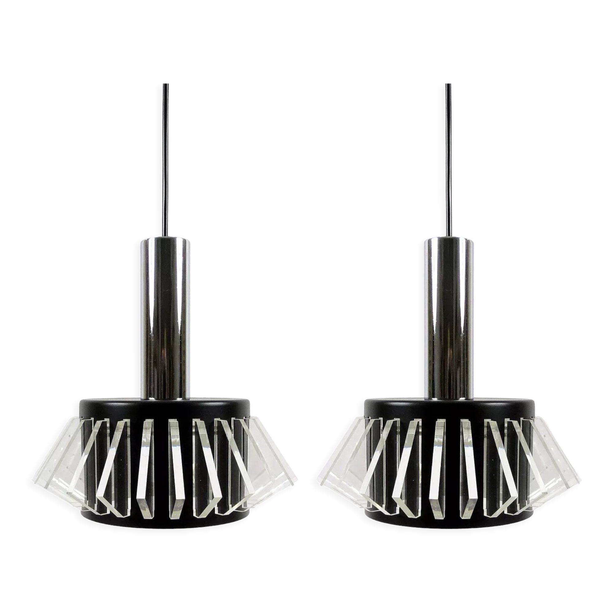 Set of 2 space age lucite and metal pendants, 1970s