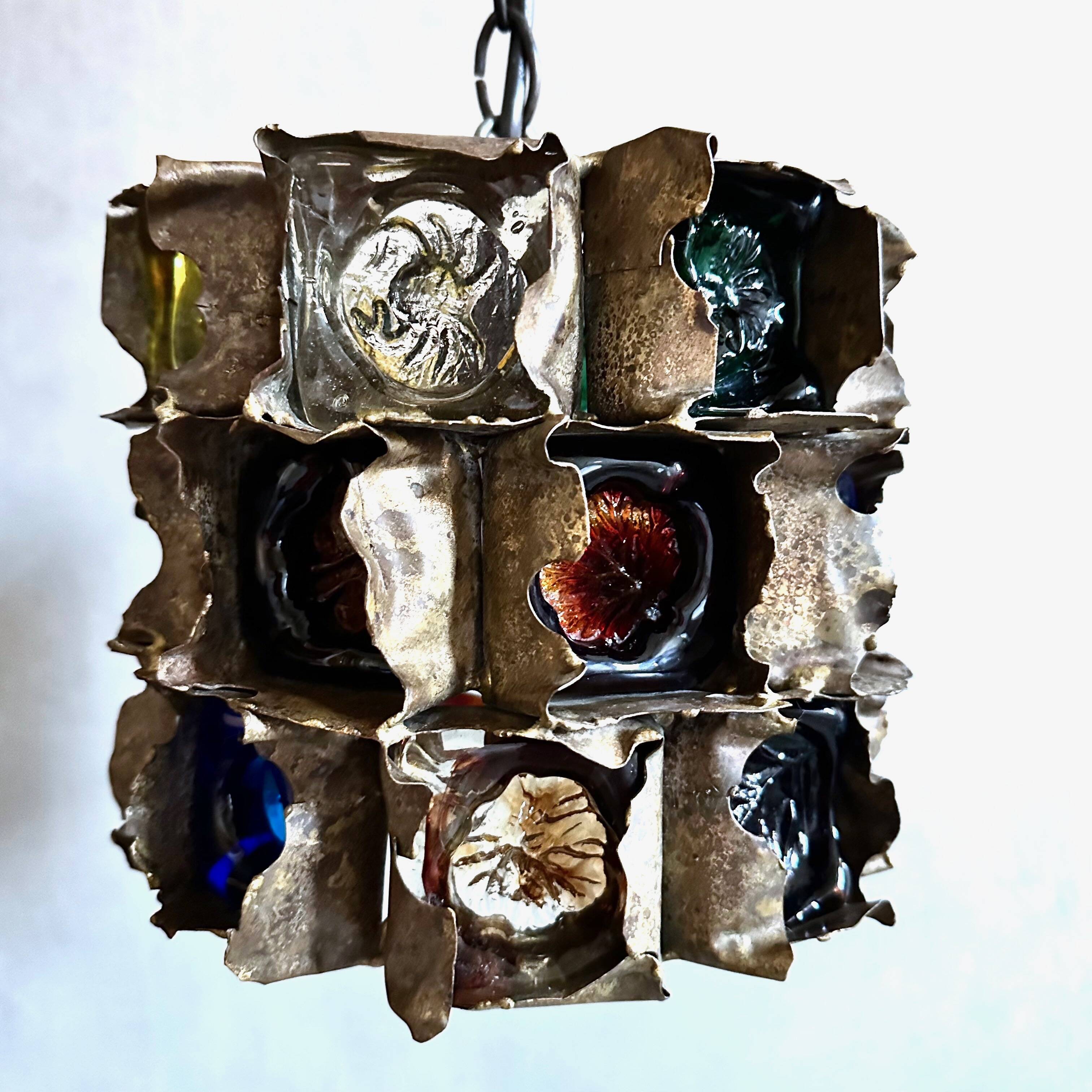 Brutalist Pendant Lamp by Felipe Delfinger in Metal and Colored Glass, 1970