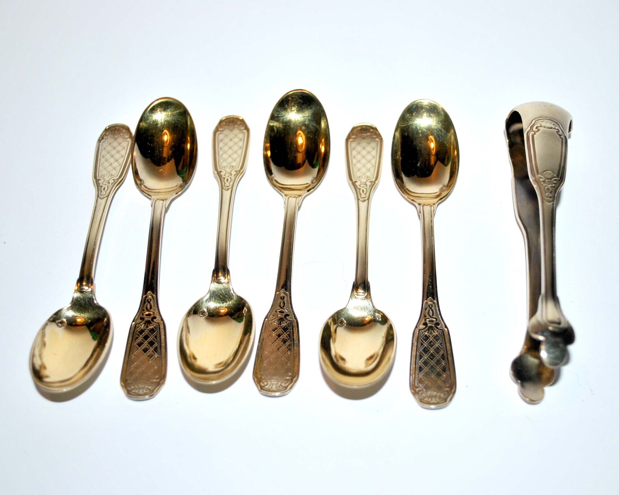Precious set of 6 teaspoons and its sugar tongs in SOLID SILVER plated Gold Vermeil 19th s