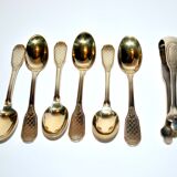 Precious set of 6 teaspoons and its sugar tongs in SOLID SILVER plated Gold Vermeil 19th s