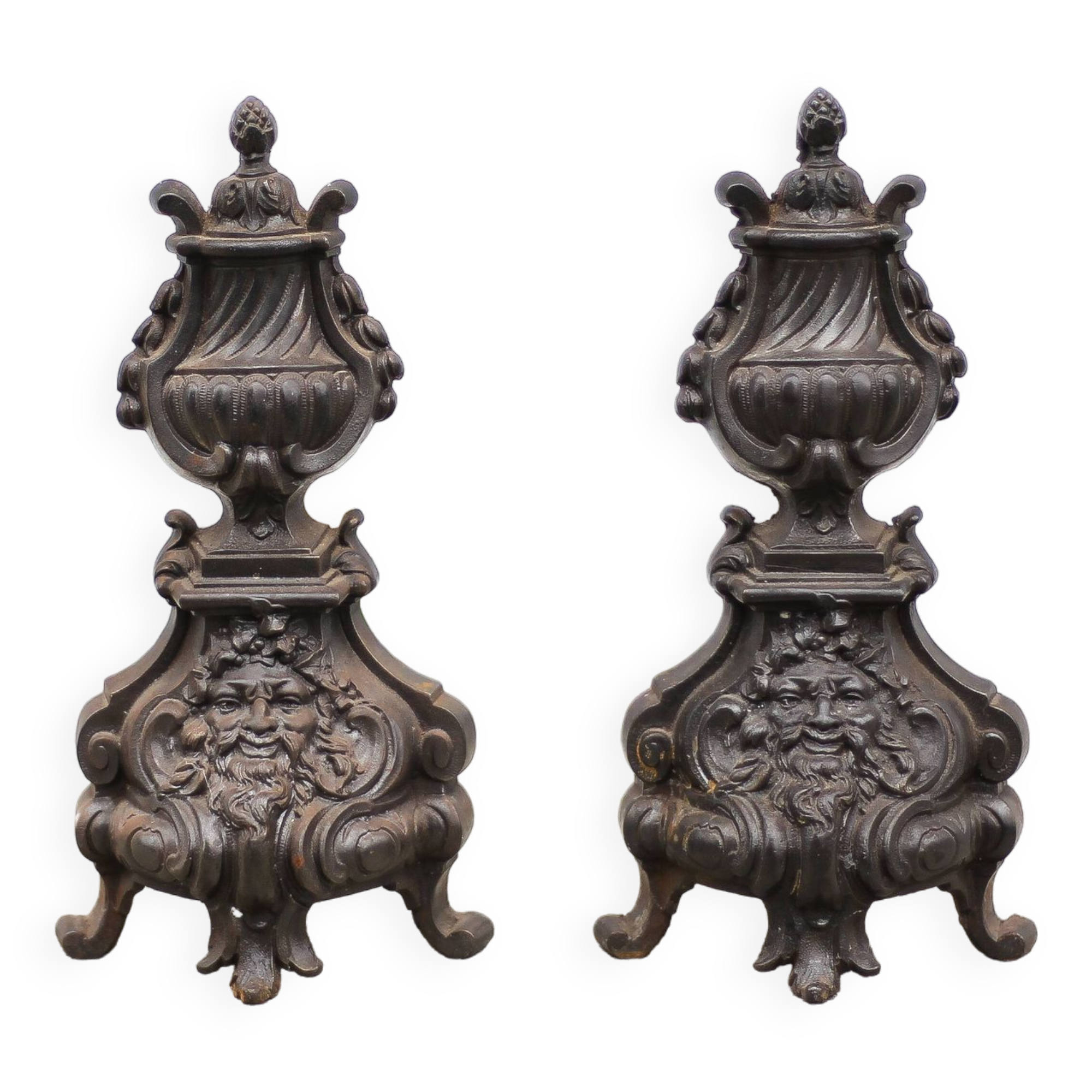 Vintage fireplace andirons, pair of cast iron Bacchus head andirons, fireplace accessories