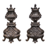 Vintage fireplace andirons, pair of cast iron Bacchus head andirons, fireplace accessories
