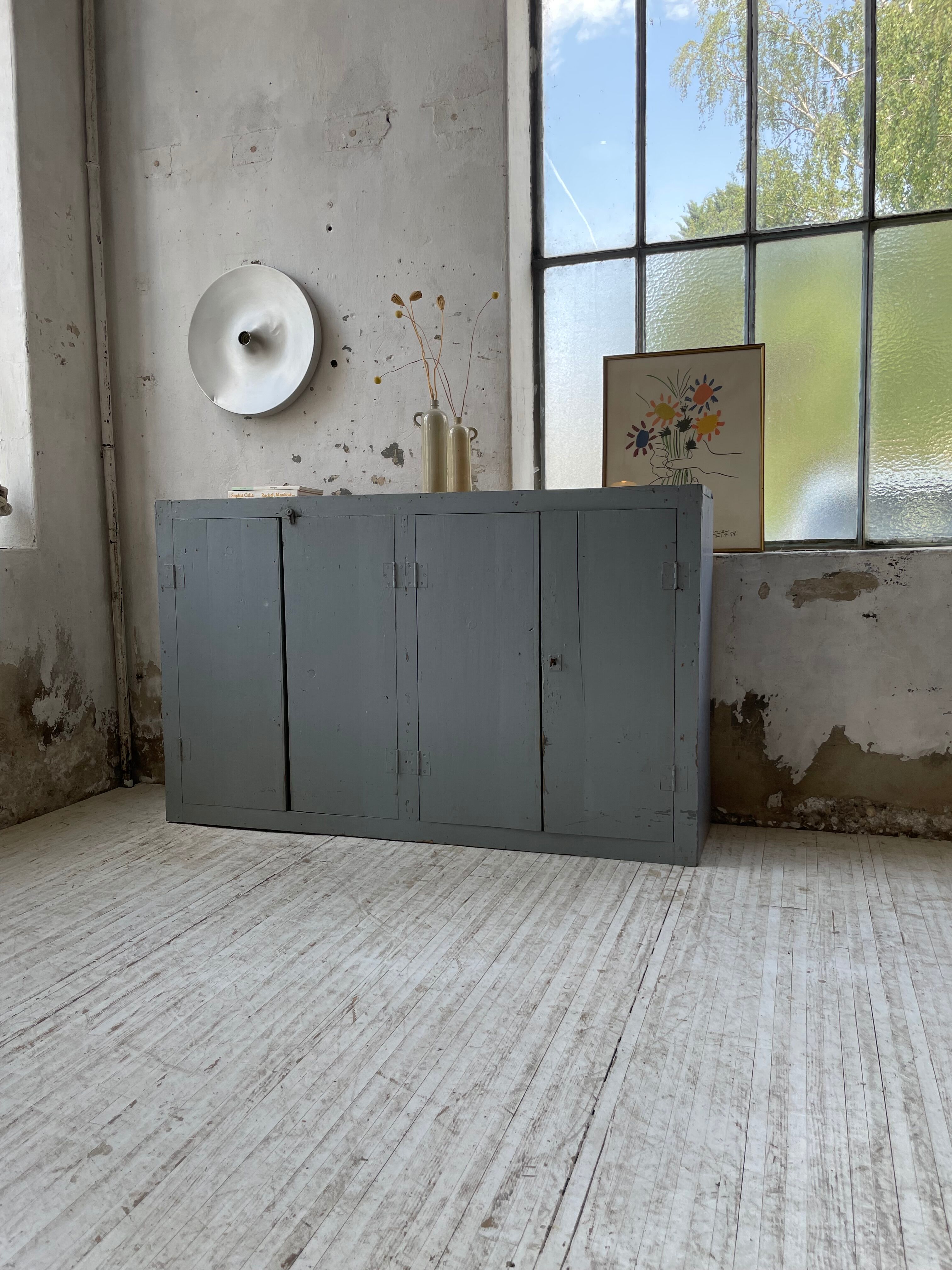 Factory blue patinated workshop furniture