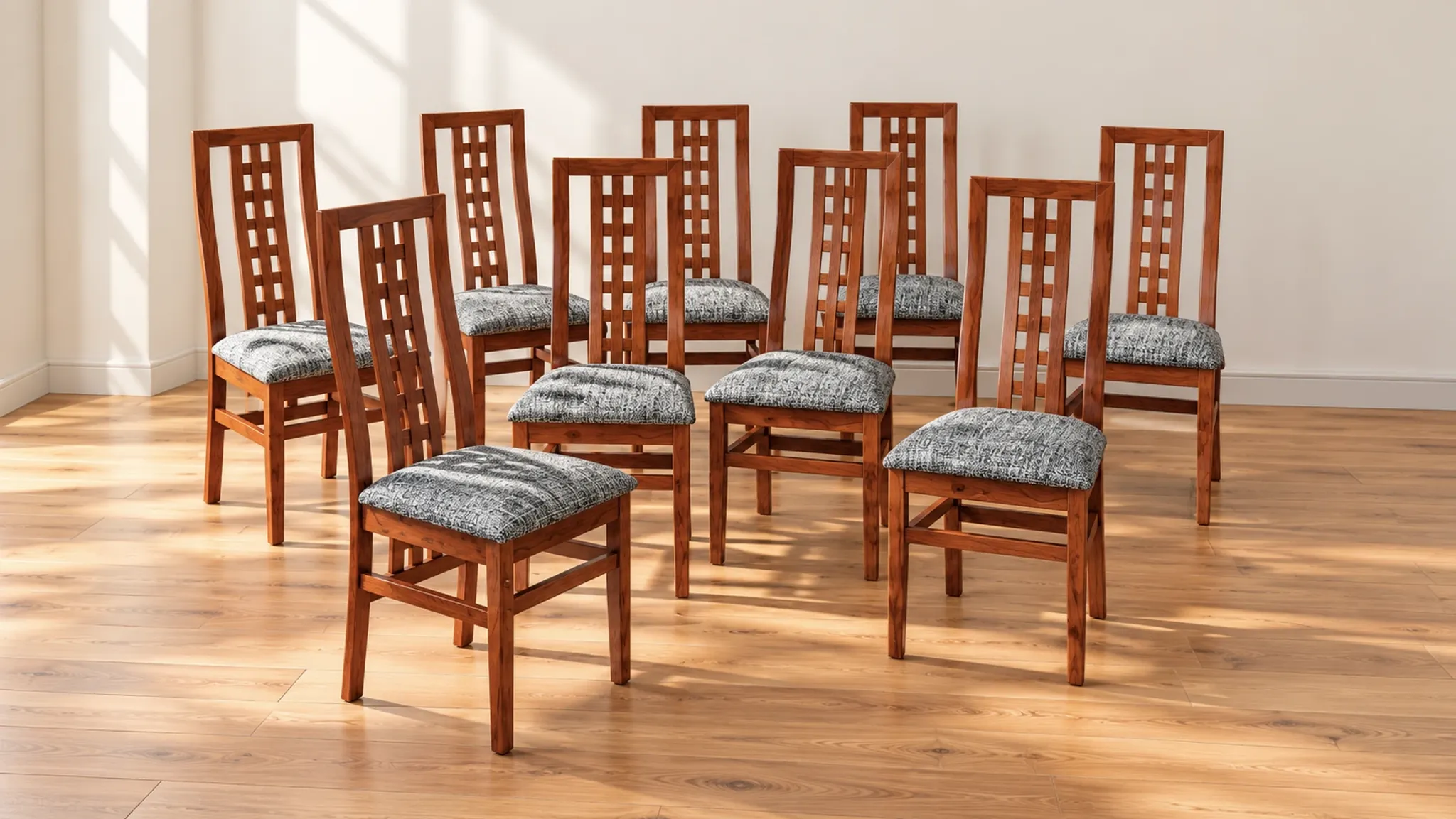 Set of 8 Vintage Teak Chairs in Mackintosh Style - Black and White Zebra Fabric