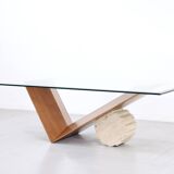 Table italienne Cattelan « Valentino » en noyer et travertin des années 1990.