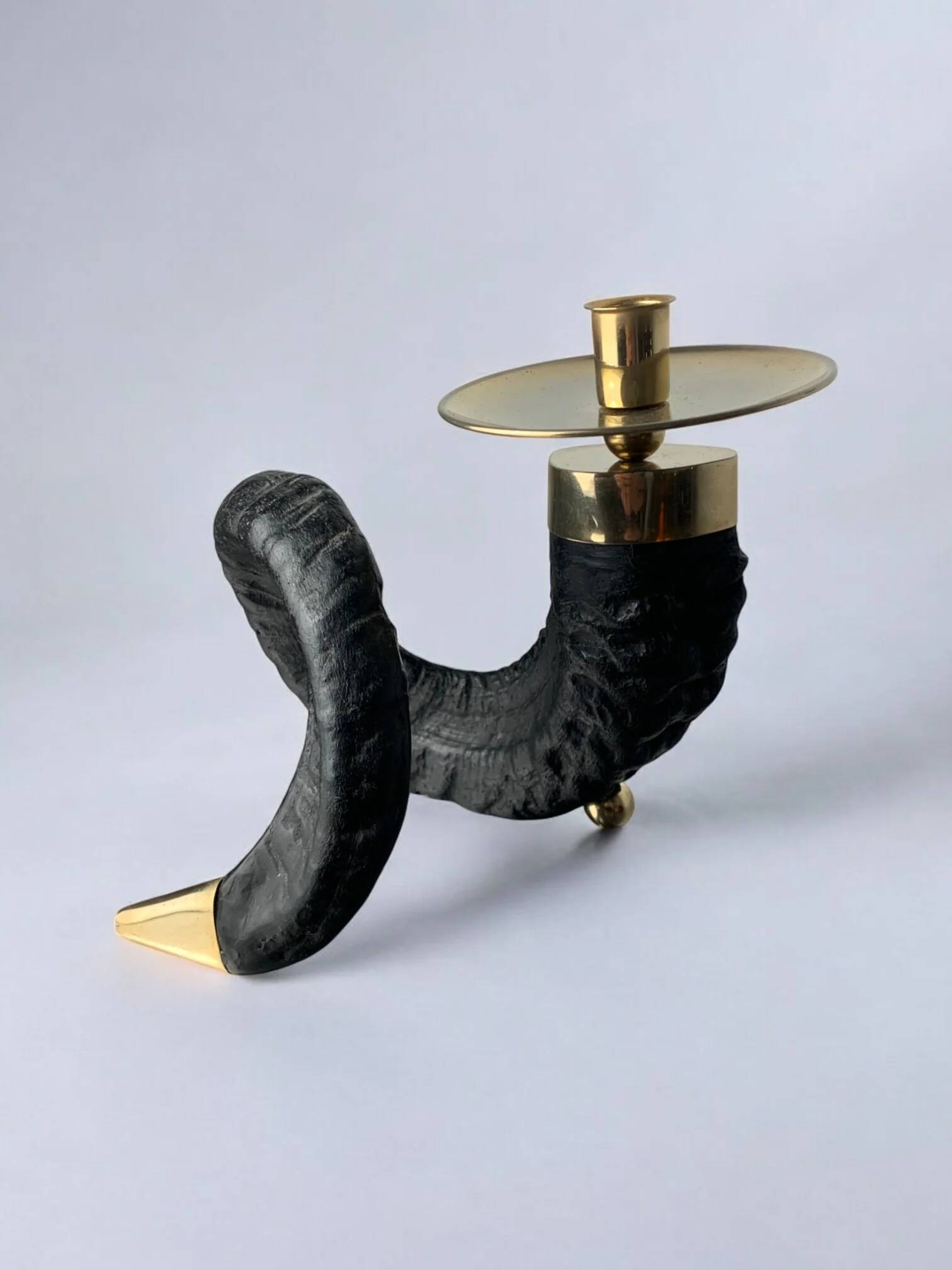 Twisted horn candleholder, resin and brass Italy, 1970s