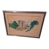 Ancien tableau gouache village