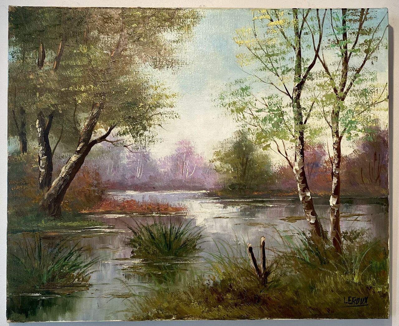 Old painting, landscape at the pond, signed Leroux, XX century